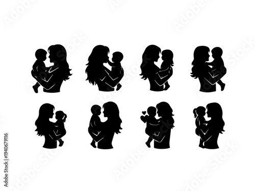 Eight black silhouettes of mothers holding their babies, depicting maternal love and care.