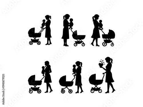 Six black silhouettes of mothers holding babies and pushing strollers, depicting various maternal scenes and activities.