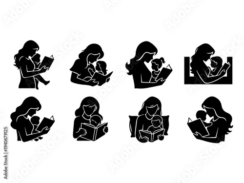 Silhouettes of mothers reading books to their babies and young children, depicting family bonding and early education.