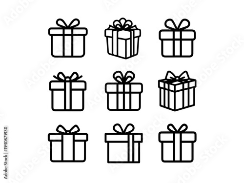 A collection of nine black outline gift box icons with various ribbon designs, isolated on a white background.