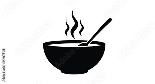 Simple black and white illustration of a bowl of soup with steam