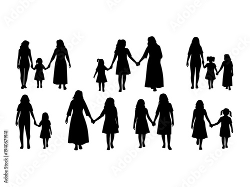 Silhouettes of mothers and daughters holding hands, depicting family bonds and togetherness in various poses.