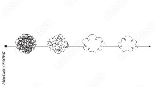 Tangled line illustrating complexity to simplicity progression across a timeline with an arrow indicating direction and flow