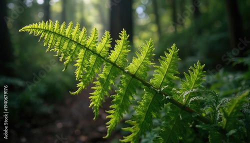 Green fern leaf backlit by sun in forest. Sunlight streams through forest canopy illuminating fresh fern frond on blurry woodland background. Nature beauty.