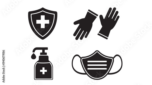 Protection icons with medical shield, gloves, sanitizer, and face mask for health and safety purposes