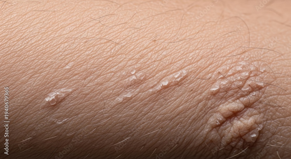 Fototapeta premium Close up view of dry flaky skin near elbow joint. Concept of dermatology dryness eczema and irritation.