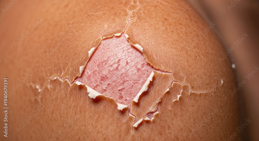 Fototapeta premium Close up view of peeling dry skin with visible flaking texture. Concept of dermatology skin dryness eczema and irritation.