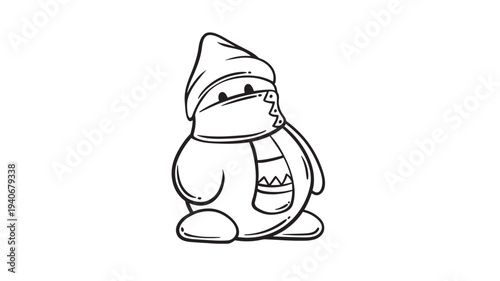 Character doodle with a pointy hat and scarf in black and white line art style, evoking a wintery or festive theme.