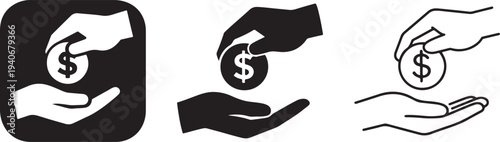 Hand Giving Dollar Coin Icon.