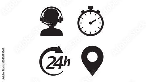Icons set with customer support headset, stopwatch, 24 hour service, and location pin for business and service industry communication.