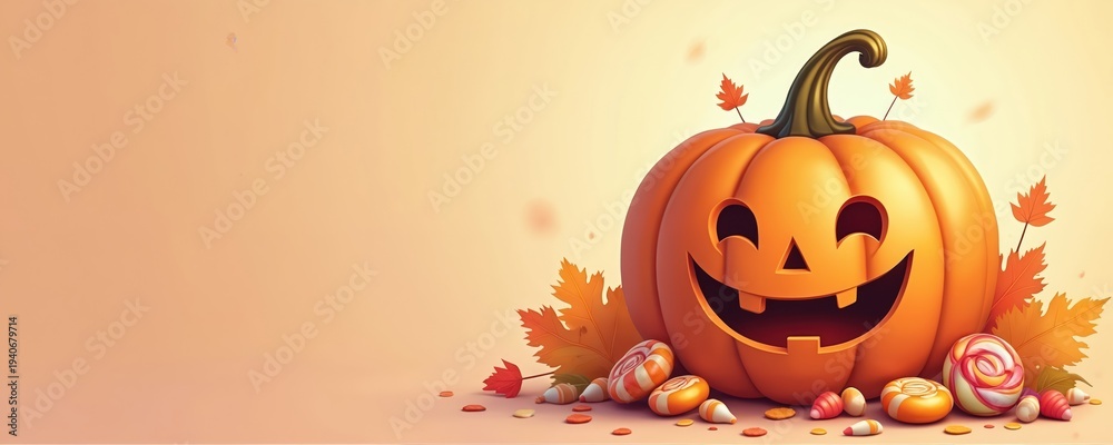 Obraz premium Halloween pumpkin with happy face surrounded by colorful candies and autumn leaves. Soft pastel background with copy space, perfect for seasonal greetings or party invites. Festive and playful design.