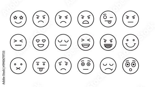 Smiley face icons set with diverse expressions including happy, angry, sad, surprised, tongue-out, and winking faces.