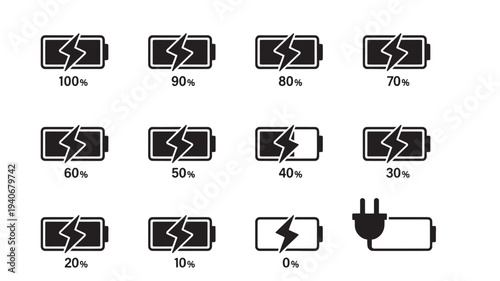 Battery icons set with lightning bolt symbol indicating charge level from 100% to 0% and charging plug