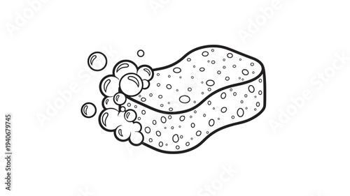 Sponge with bubbles in black and white outline, representing cleaning and hygiene for household chores.