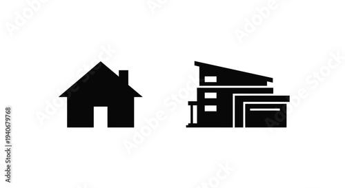 Two black silhouettes depicting a classic house and a modern building