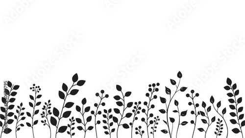 Silhouette plants with leaves and berries arranged in a horizontal border against a white background.