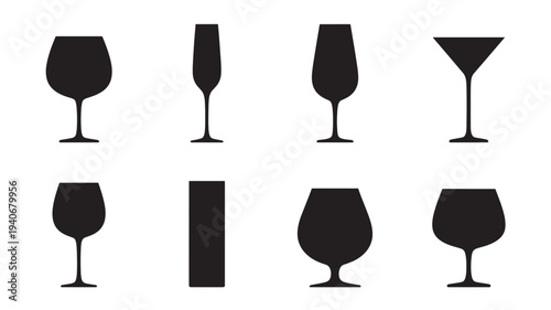 Glasses set with abstract silhouettes including wine, champagne, martini, and brandy shapes on a white background.