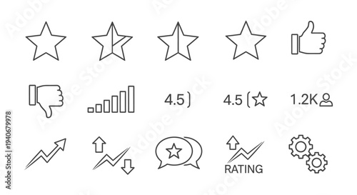Modern outline vector icon set for digital interfaces and web design, featuring symbols for customer ratings, social feedback, business analytics, and system management
