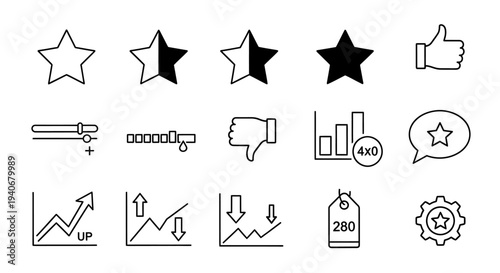 Dynamic collection of sleek line art icons for user interface design, representing feedback, ratings, data analytics, settings, and performance indicators across web and mobile applications
