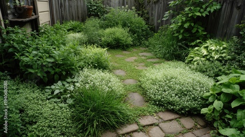 Lush green garden pathway meanders through abundant flowering shrubs and foliage.