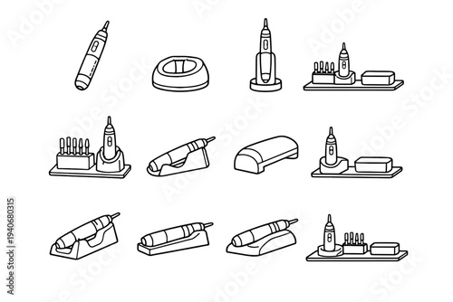 Vector drill cordless stand resting holder nail silhouette icon position clean setup