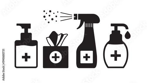 Sanitization icons set with hand sanitizer, wipes, spray bottle, and dispenser with a plus sign symbolizing medical or hygiene.