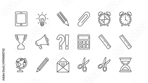 Icons representing education, business, and time management, including a tablet, lightbulb, pencil, paperclip, alarm clocks, trophy, megaphone,