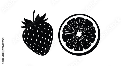 A strawberry and a slice of orange depicted in a minimalist style