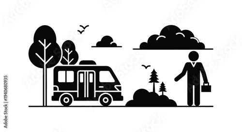 A stylized depiction of a man and a camper van in a natural landscape