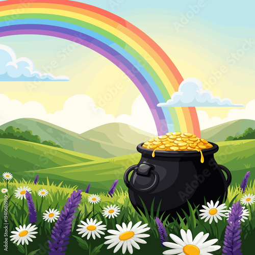 Lucky St. Patrick's Day Scene with Pot of Gold at Rainbow's End in Lush Green Meadow, Cartoon Style Illustration for Irish Celebration, Gambling Luck Concept, Fantasy Landscape, Leprechaun Treasure, G