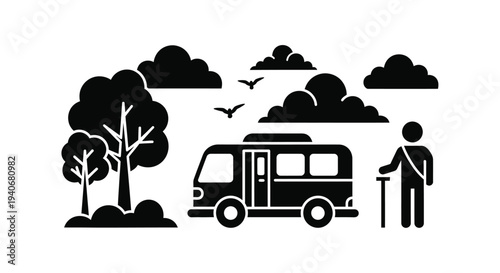 Minimalist illustration of a campervan trees person and birds
