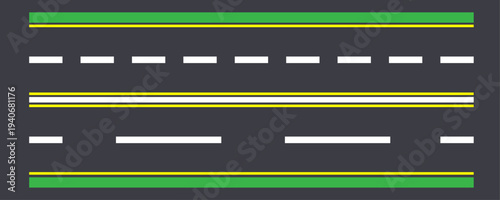 Overhead vector illustration of a multi-lane road with various asphalt markings and green verges, ideal for navigation and transport concepts.