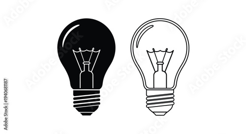 Two lightbulbs depicted in contrasting black and white line art