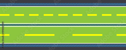 Overhead vector illustration of a green road with yellow markings and blue curbs, concept of travel and direction