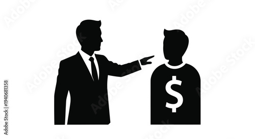 A businessman gesturing towards another with a dollar sign on their shirt