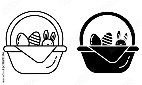 Easter icon basket with eggs and bunny ears, line and silhouette vector art