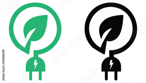 Eco-Friendly Energy Concept: Two modern, minimalist graphic representations of an electric plug integrated with a leaf symbol, symbolizing the fusion of eco-consciousness and sustainable energy.