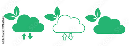 Eco Cloud: A vibrant image showcasing three cloud icons, each adorned with lush leaves and upward-pointing arrows, symbolizing sustainable cloud computing and environmental responsibility. 
