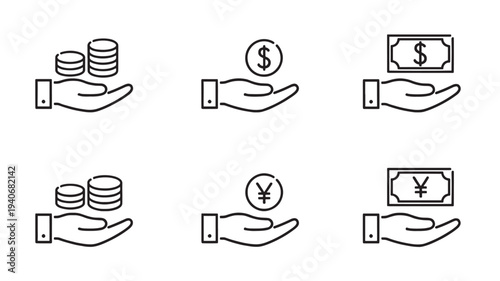 Hands holding stacks of coins, single coins with dollar and yen symbols, and banknotes, representing financial transactions and currency.