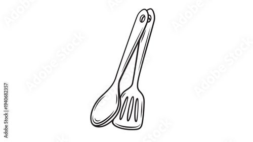 Spatula and spoon serving utensil hand drawn line art icon, isolated on white background. featuring kitchenware, cooking, food with illustration and