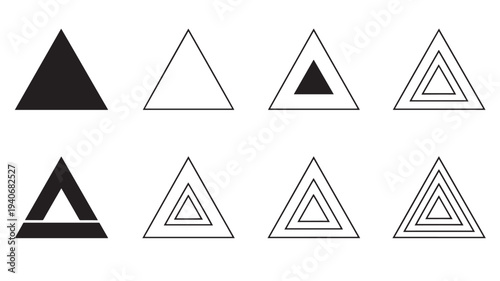 Triangles black solid and outline set with nested concentric and segmented geometric shapes featuring triangle, shape, symbol with abstract and