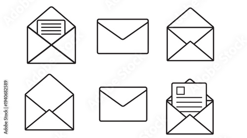 Envelopes simple line art icons with open and closed states for mail communication and correspondence