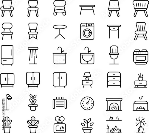 Household furniture decor icons, home interior essentials, living room kitchen bathroom design, modern home equipment set, flat vector illustration