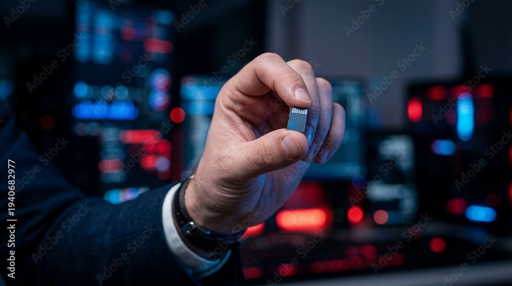 Fototapeta premium A person holding a small technology chip in front of a data center with blinking lights