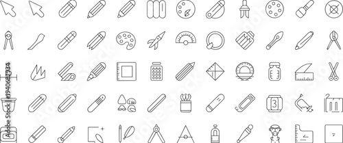 Drawing art design tool icons, creative illustration set, pencils brushes palettes rulers compasses erasers scissors, flat vector illustration design