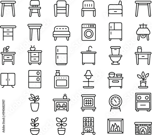 Household furniture appliance icons, home interior design, living room kitchen bathroom essentials, modern home equipment, flat vector illustration set