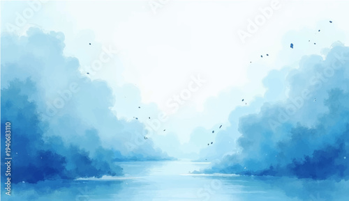 A beautiful abstract watercolor background depicts a bright sunny day with fluffy white cumulus clouds floating across a serene blue summer sky filled with natural sunlight
