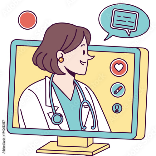 Cartoon doctor on computer screen with stethoscope and speech bubble