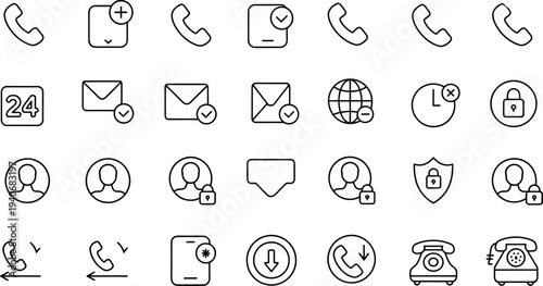 Communication security interface icons, phone call symbols, email message, user profile privacy, global connection, flat vector illustration design