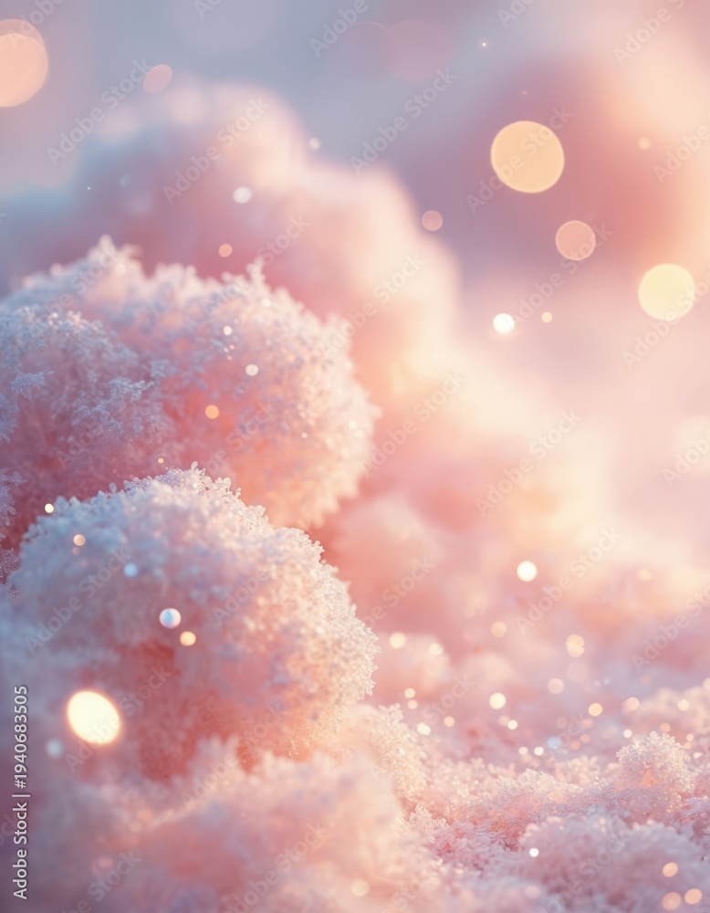 Obraz premium Soft pastel pink and blue clouds float with glitter. Sparkling diamond dust sparkles on fluffy texture. Dreamy bokeh lights add magical effect. Gentle soft focus background.